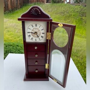 “Grandfather Style” At 13” Tall.  Cherry Wood 4-Drawer Jewelry Box With Clock.